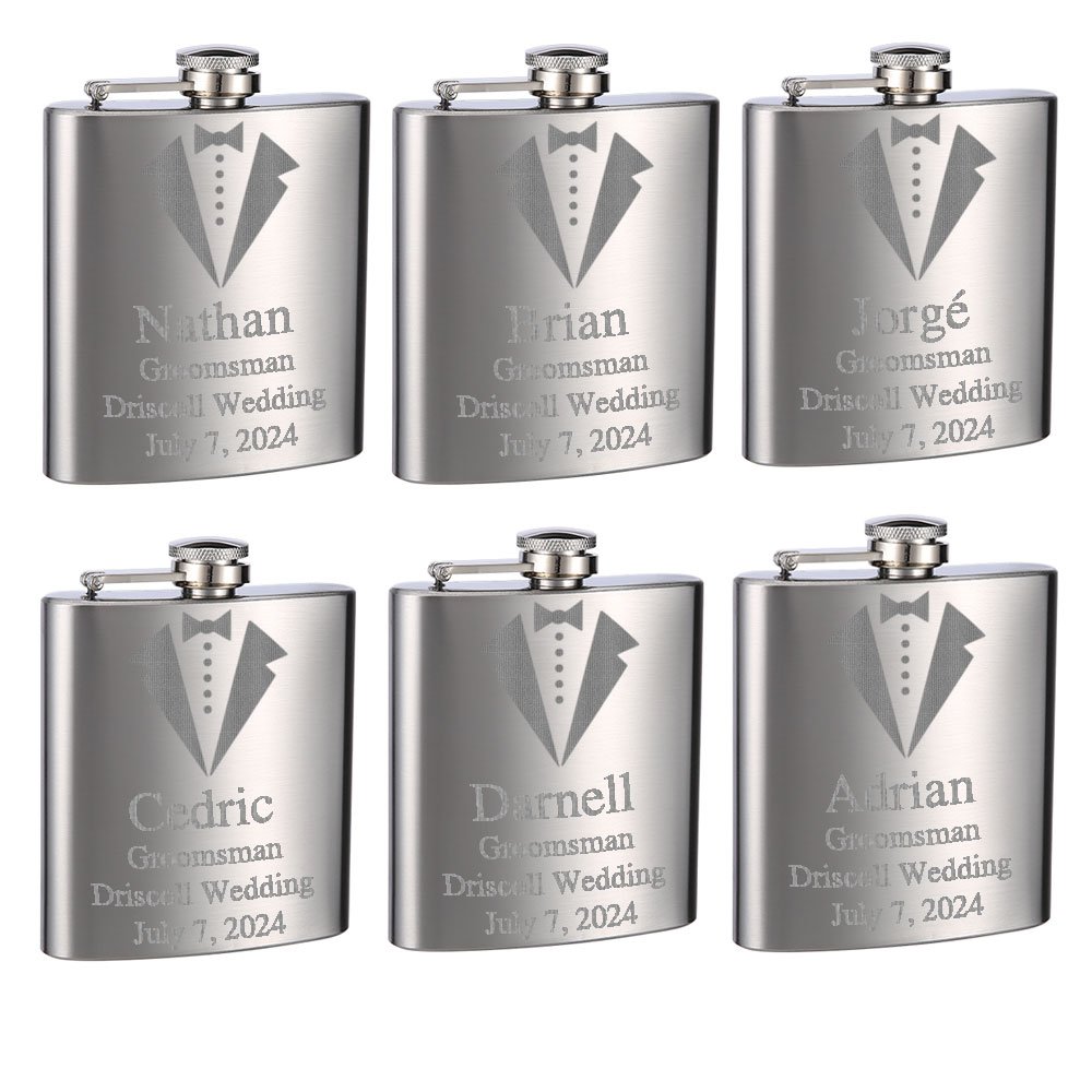 ''Top Shelf Flasks Personalized Custom Engraved 6oz Stainless Steel Groomsman Tuxedo Flasks for Weddi